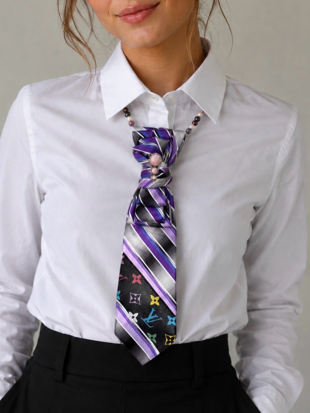 Upcycled Vintage Necktie Necklace Louis Vuitton patch Lilac Silk Stripes